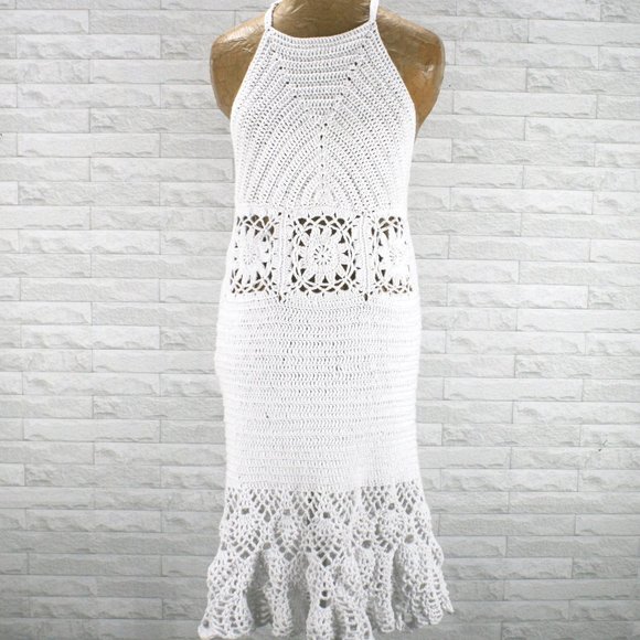 Hand Crafted Dresses Hand Crafted Crochet Dress Halter White Cotton